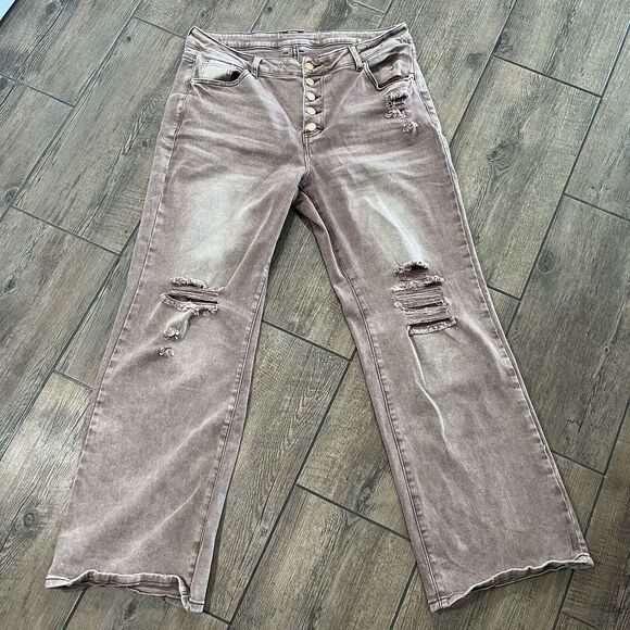 People Sz 8 34x31 Distressed Faded Stretchy High Waisted Flared Button Fly Wide - Picture 1 of 8